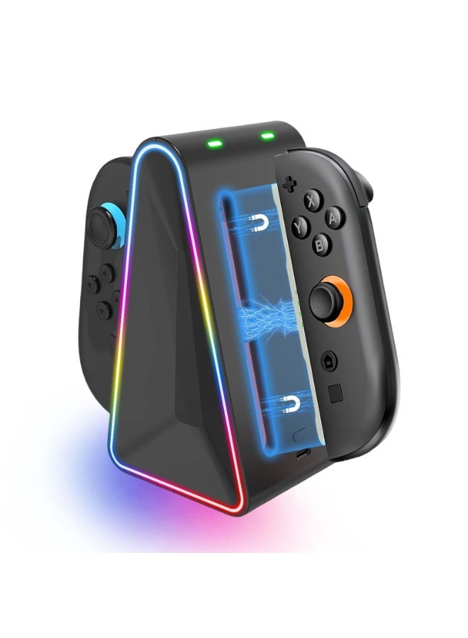 أوشيما محطات شحن متوافقة مع أجهزة التحكم Joycon لـ Nintendo Switch 2، محطة شحن سريعة 4 في 1 بضوء RGB بـ 7 ألوان، وملحقات متوافقة مع Switch تدعم الشحن ثنائي الاتجاه - Image 1